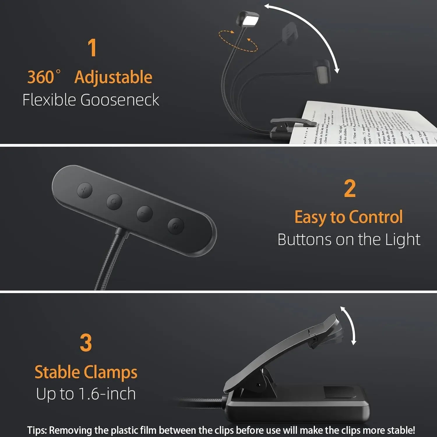 14LED USB Rechargeable Book Light, Warm/Cool White, Flexible Clip, P