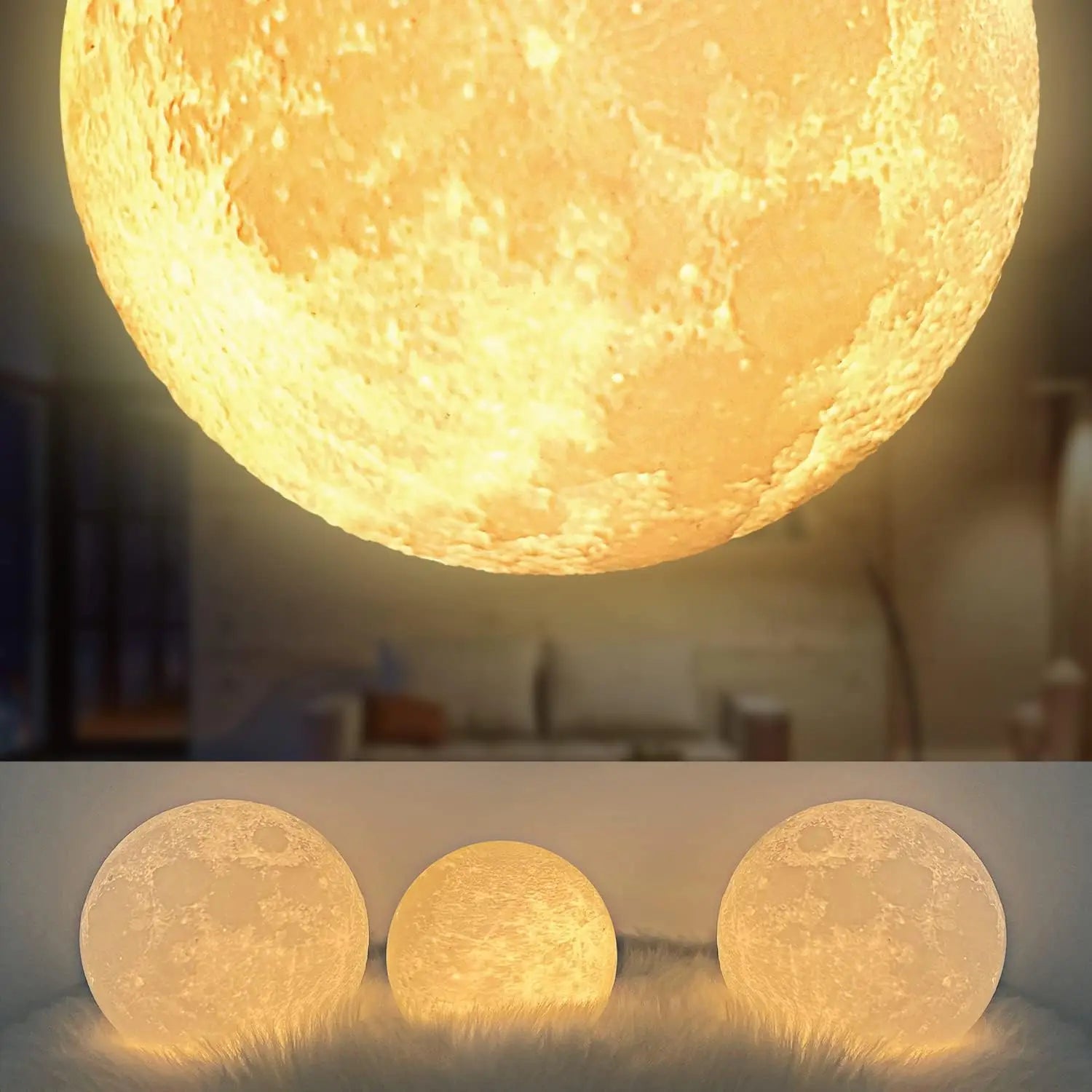 Magnetic Floating Rotating Moon Lamp with Wooden Base, 3 Color Tempe