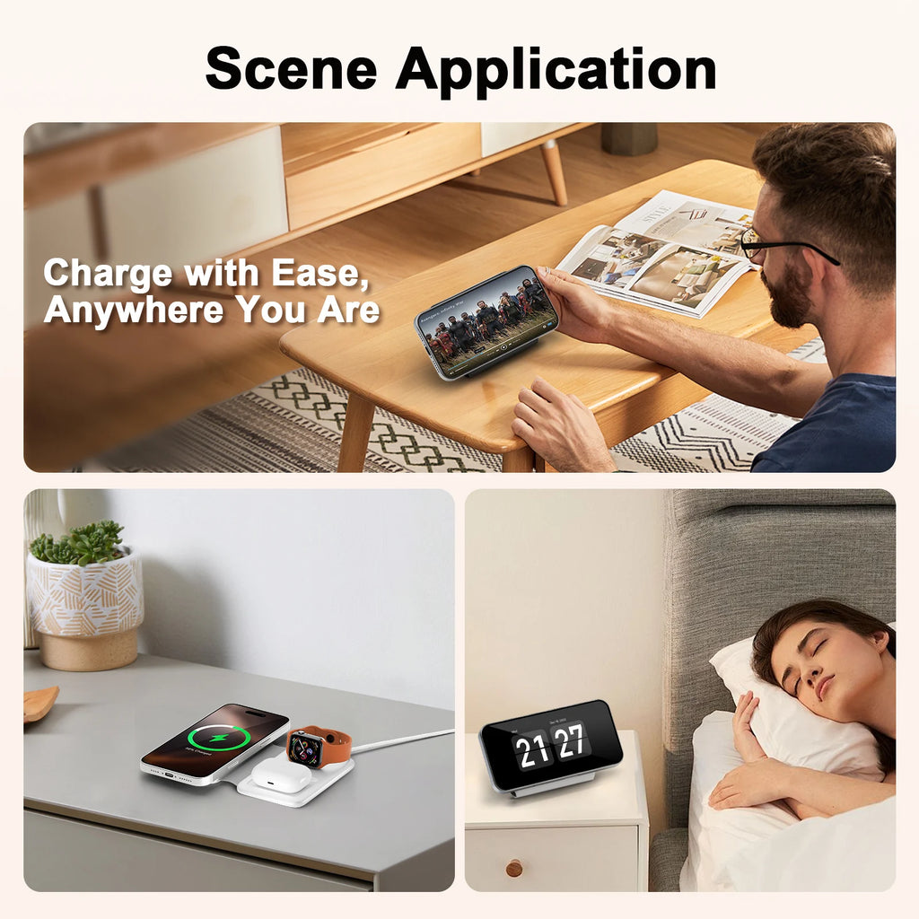 3 in 1 Wireless Charger Station Magnetic Foldable 15W for Apple Devi