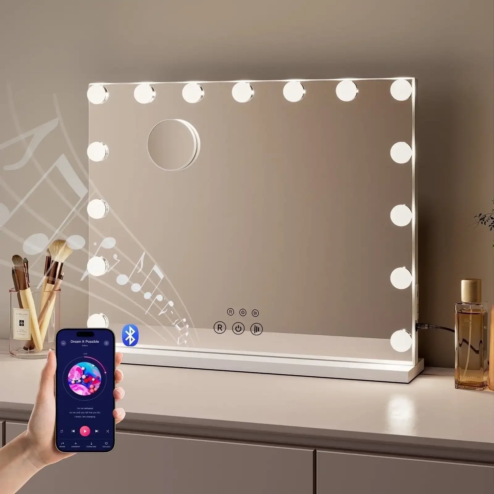 Bluetooth Audio Makeup Mirror with LED Light – 3 Color Modes, Smart
