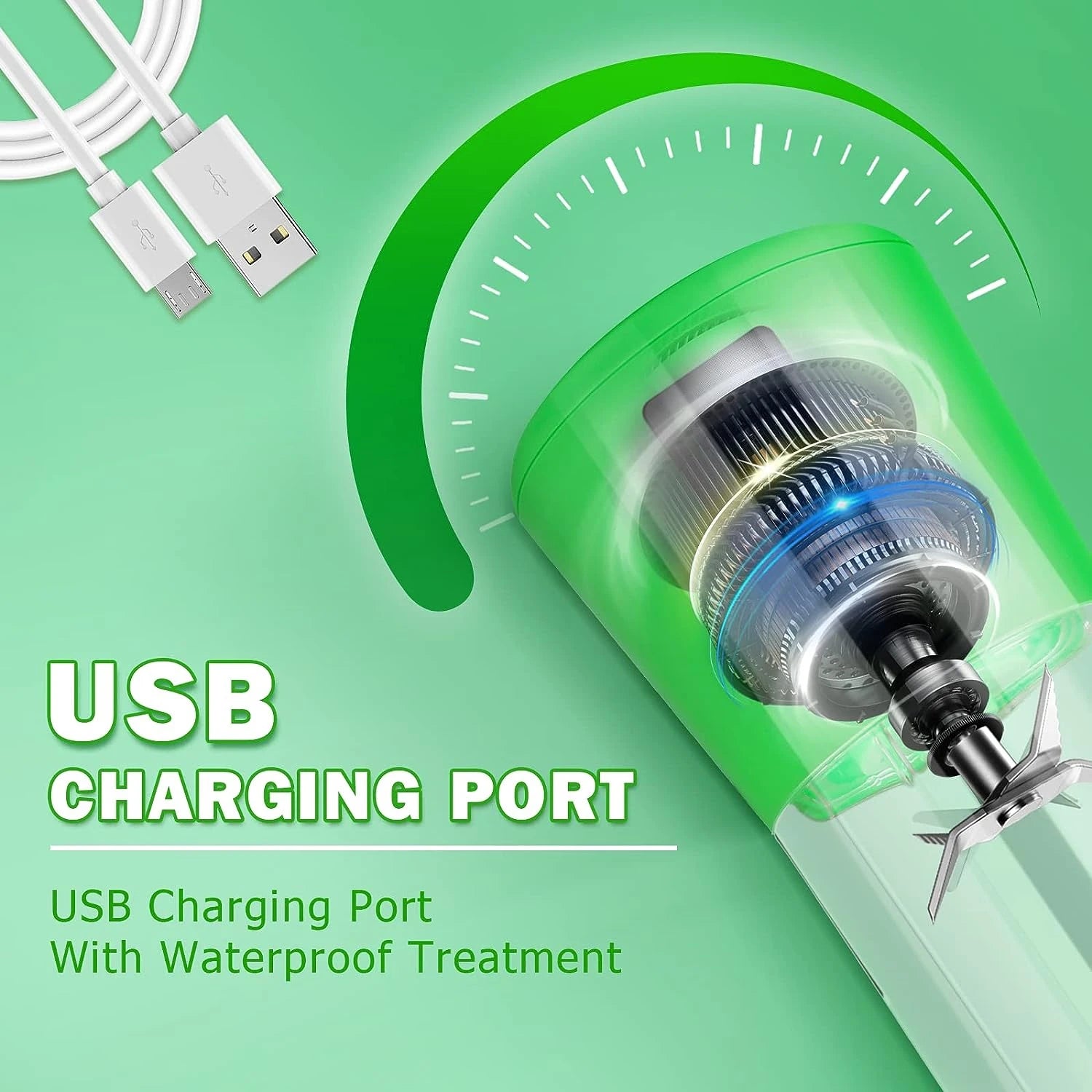 Travel – Ready Portable Green USB Rechargeable Blender with 6 Stainl