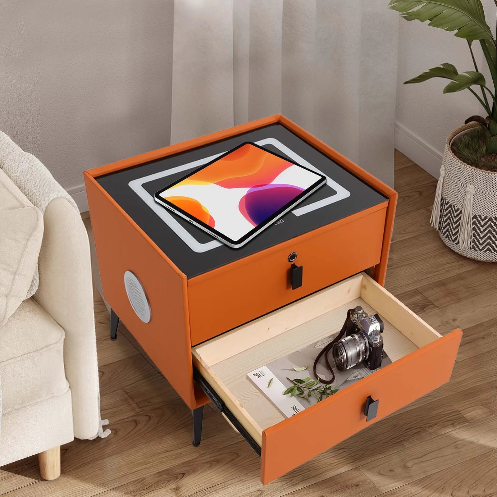 Modern Rectangular Bedside Table with Drawers Bluetooth Speaker Smar