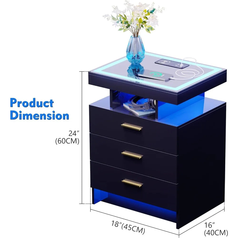 2 Set Nightstands with Wireless Charging Station, Auto Sensor 3 Colo