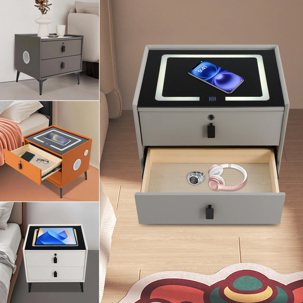 Modern Rectangular Bedside Table with Drawers Bluetooth Speaker Smar