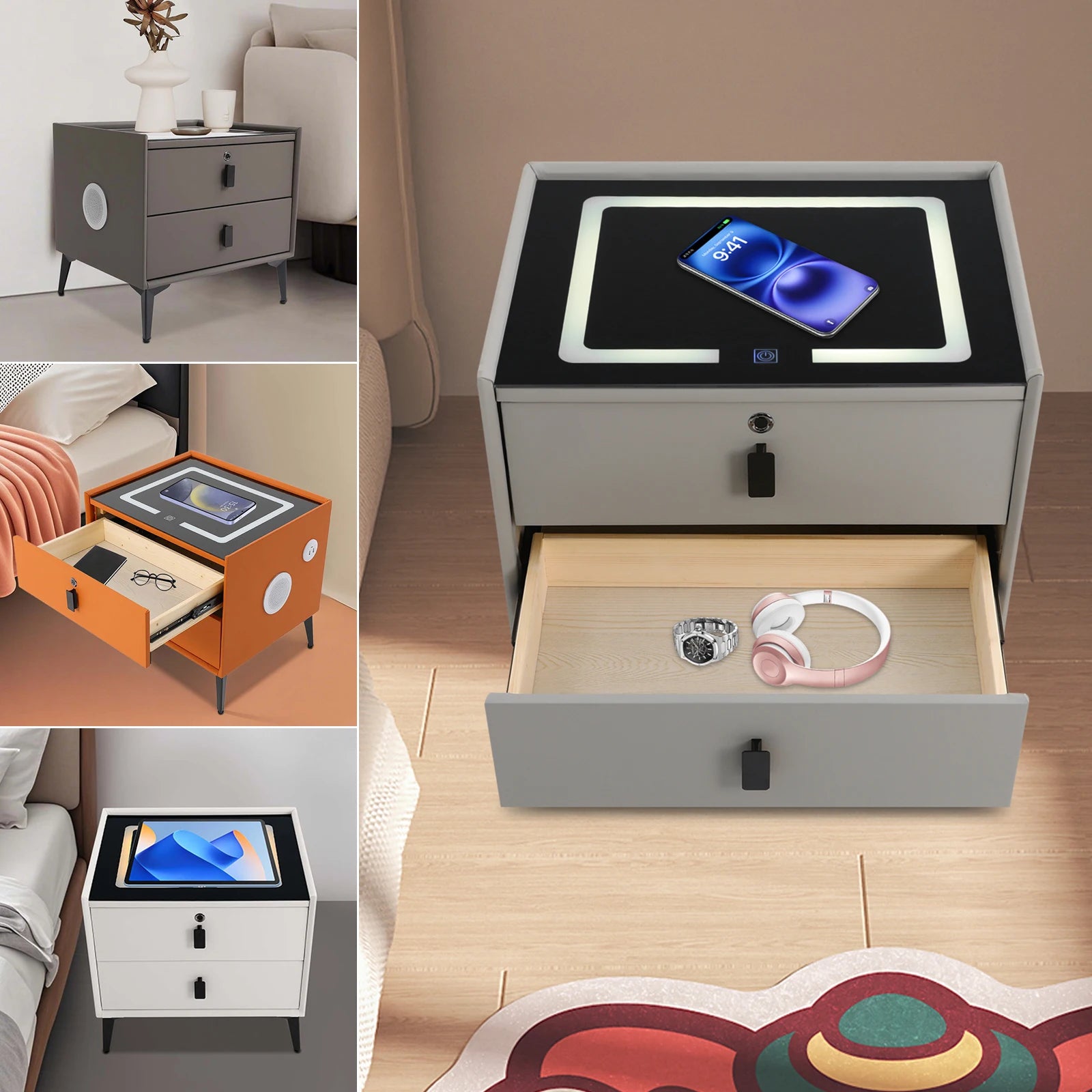 Modern Rectangular Bedside Table with Drawers Bluetooth Speaker Smar