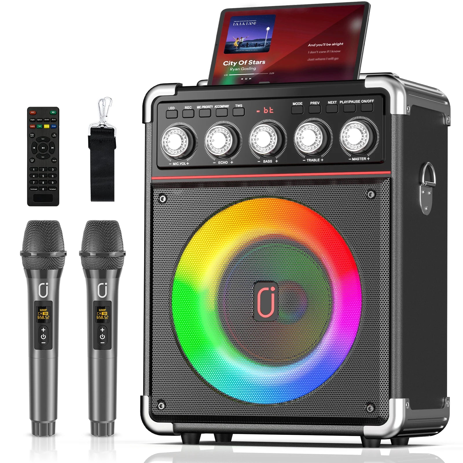 FanFun Karaoke Speaker, Bluetooth Speaker with 2 Microphones and LED