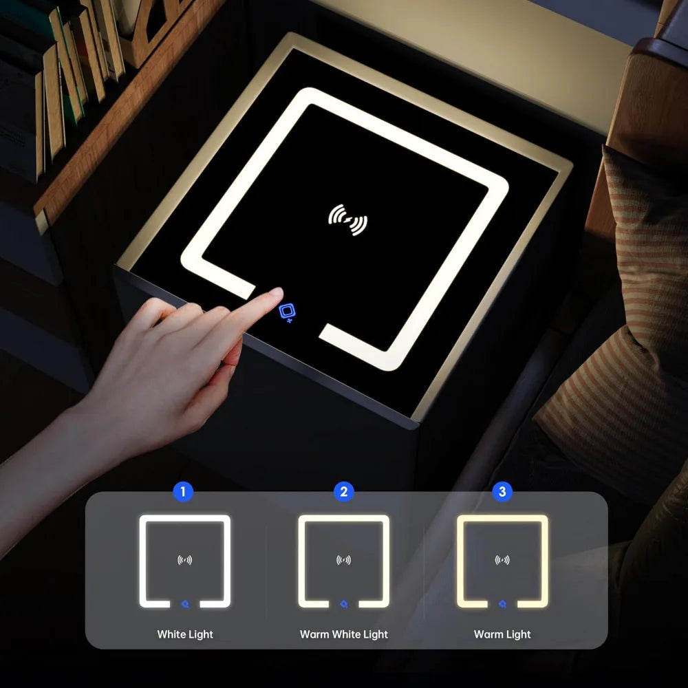 Nightstand with Drawer, Wireless Charging Bedside Table 3 LED Light