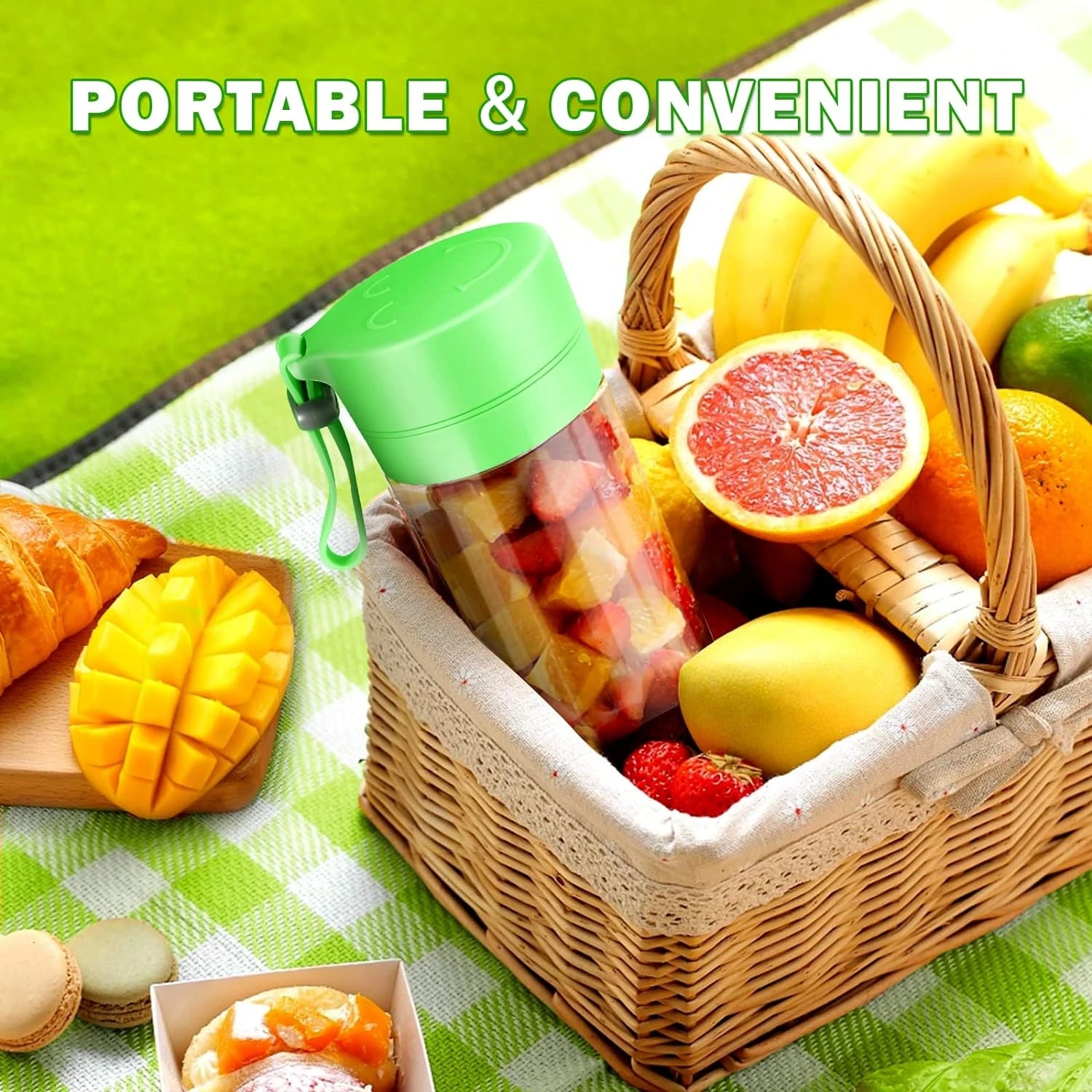 Green Mini Portable Blender with One – Touche Operation, USB Recharg
