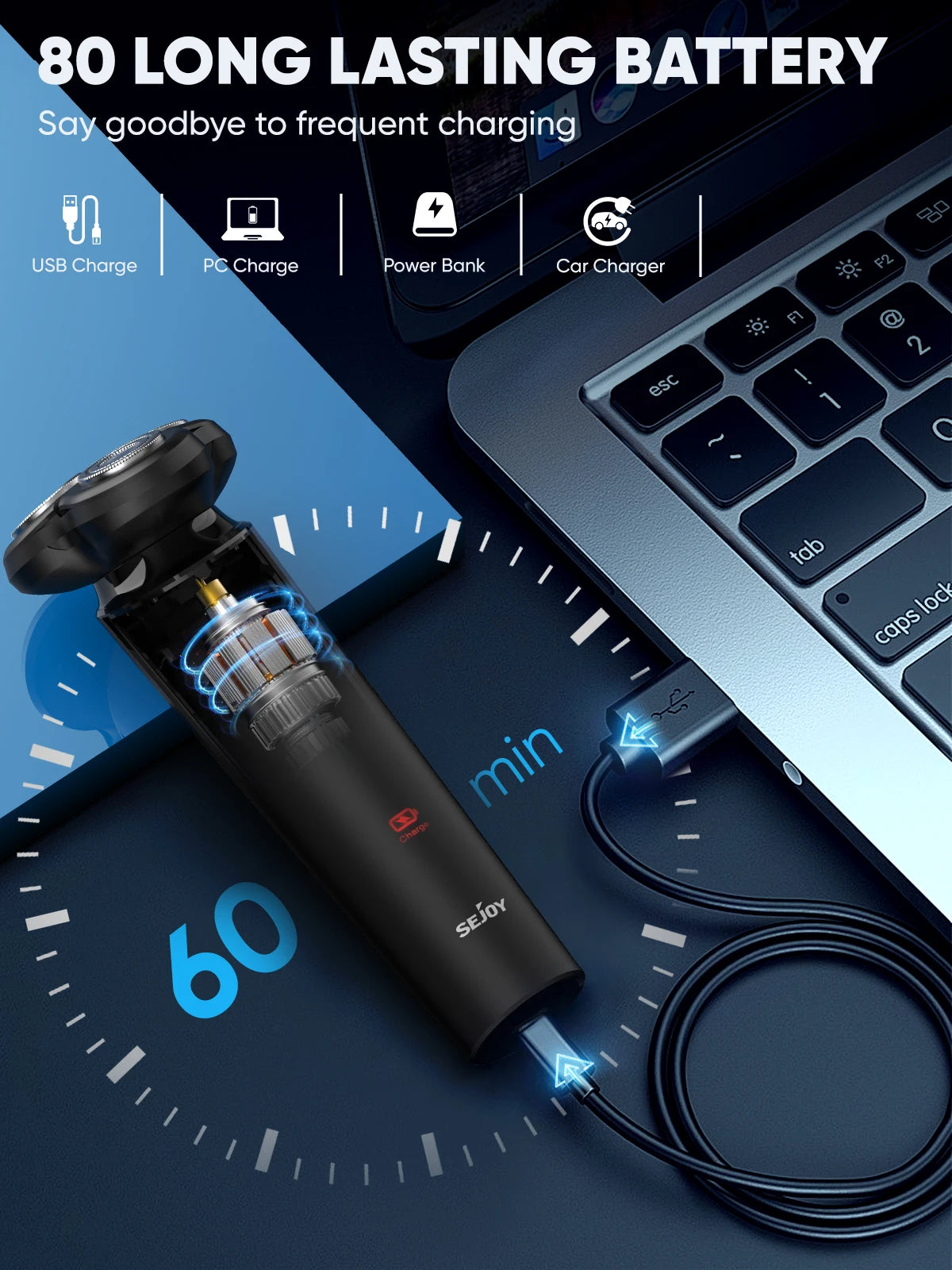 SEJOY Portable Electric Razor Men Electric Shaver Triple Blade Power