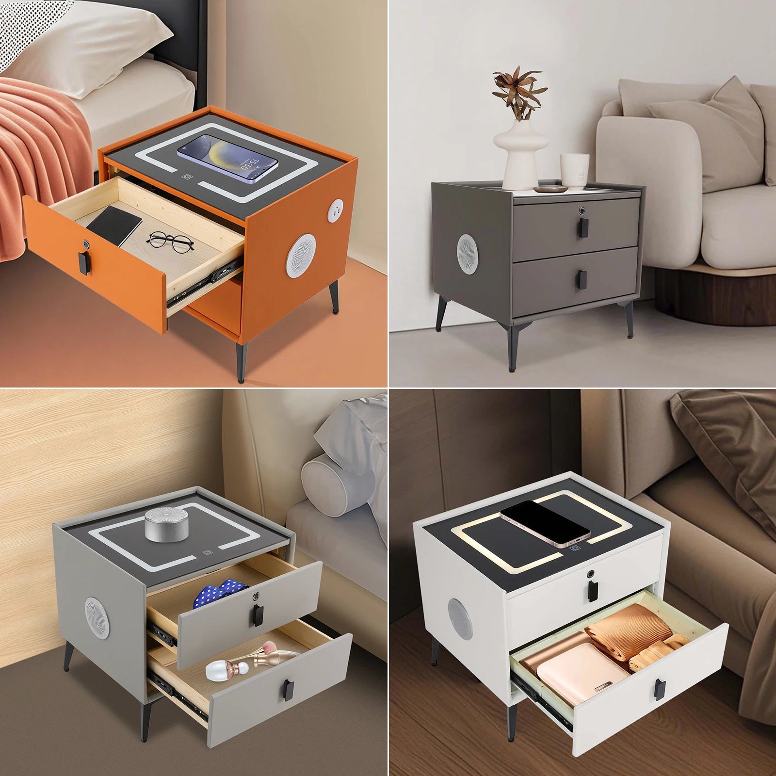 Modern Rectangular Bedside Table with Drawers Bluetooth Speaker Smar