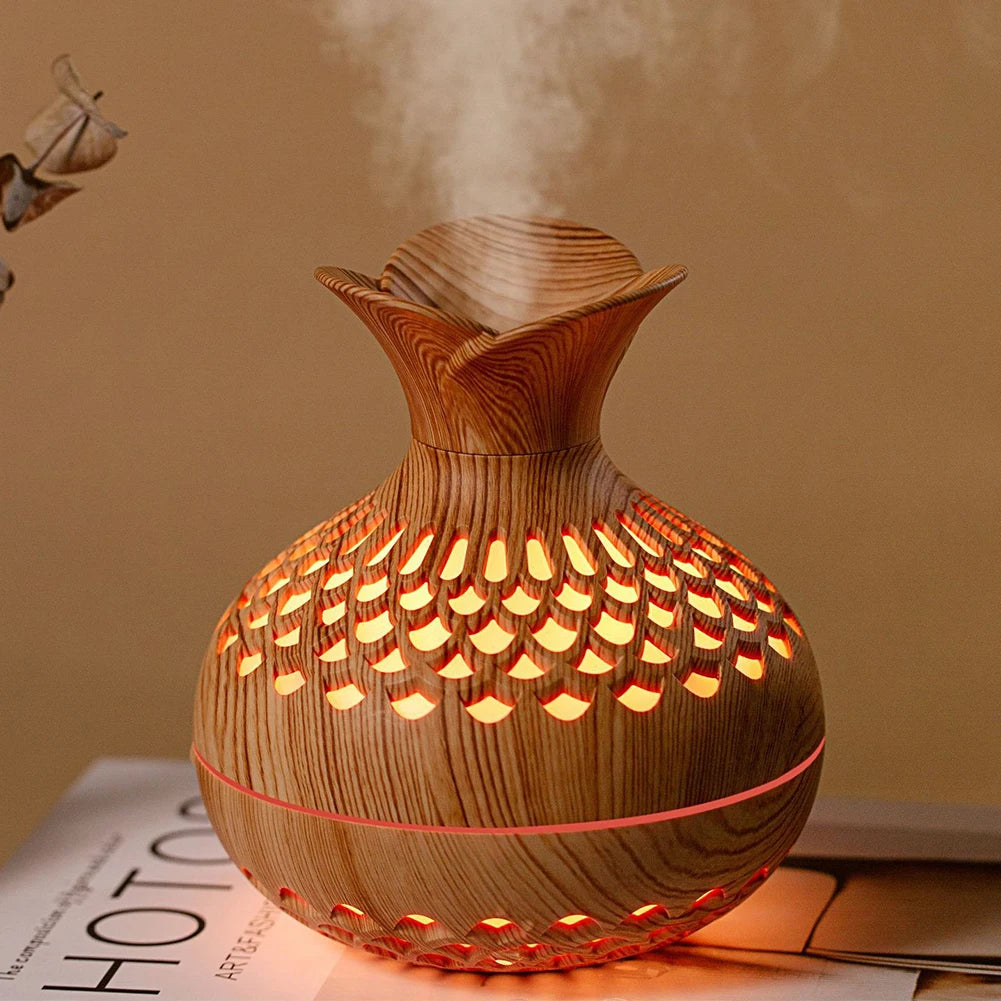 300ML Wood Grain Flower Humidifier Silent Aromatherapy Diffuser USB