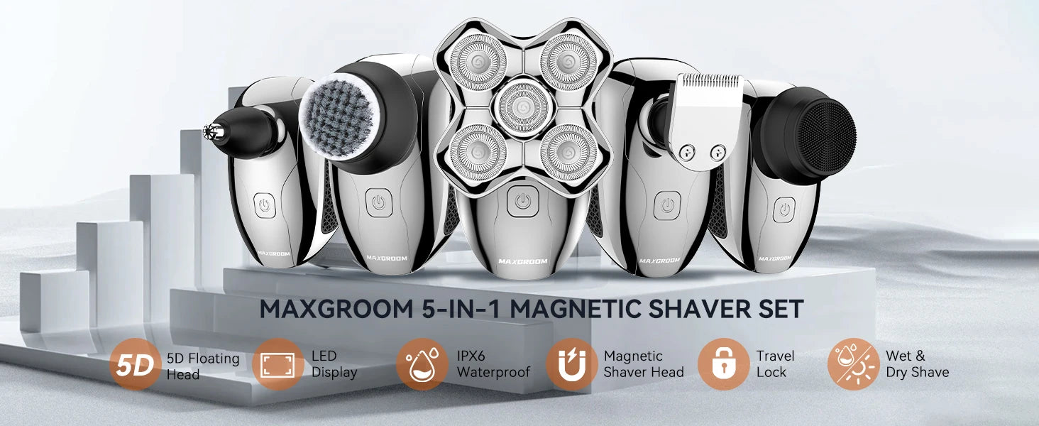 MAXGROOM Electric Head Shavers for Men 5D Floating Blade Magnetic Ra