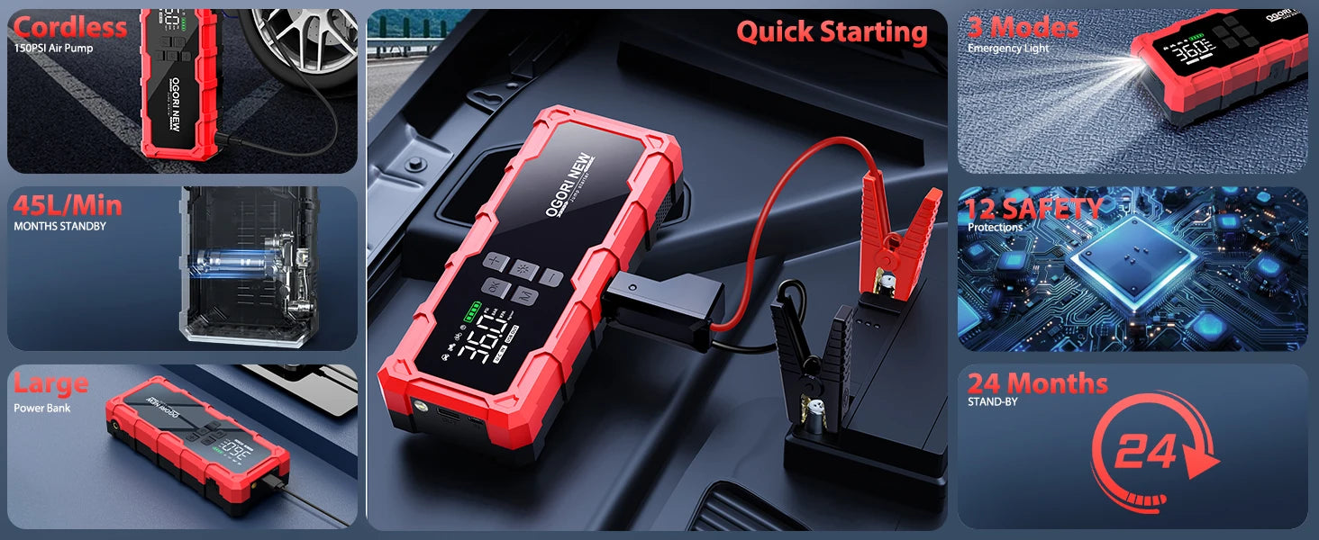 4 in 1 7000A/4000A Jump Starter Power Bank 150PSI Air Compressor Tir