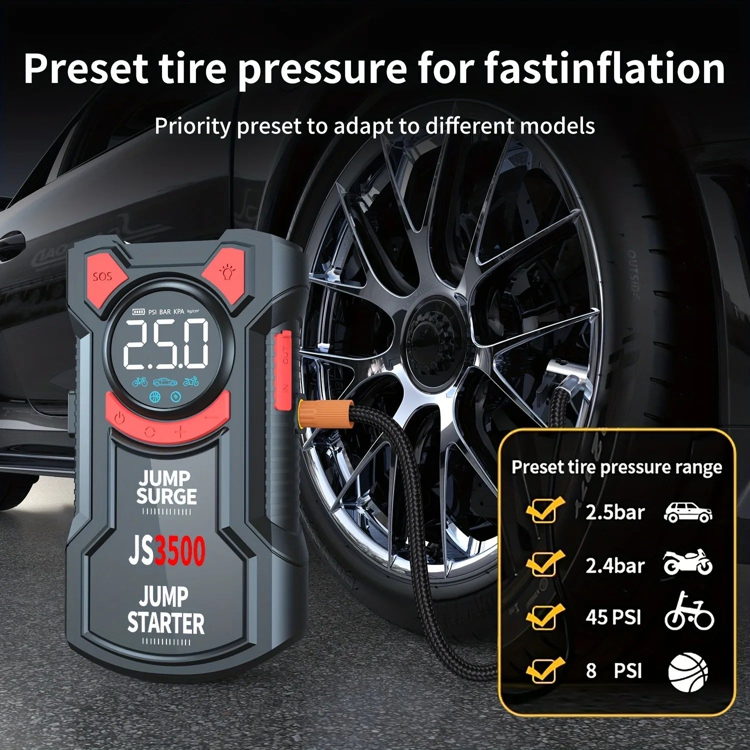 5 – in – 1 Multifunctional Air Pump Jump Starter with Air Compressor