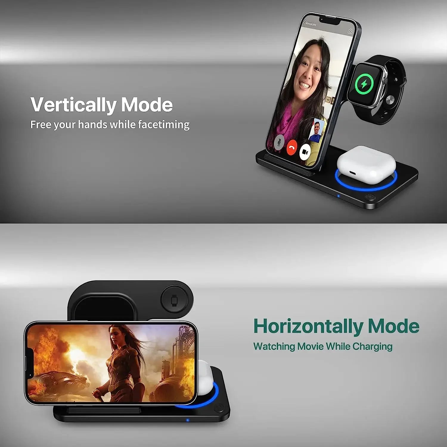 30W LED Fast Wireless Charger Stand 3 in 1 Foldable Charging Station