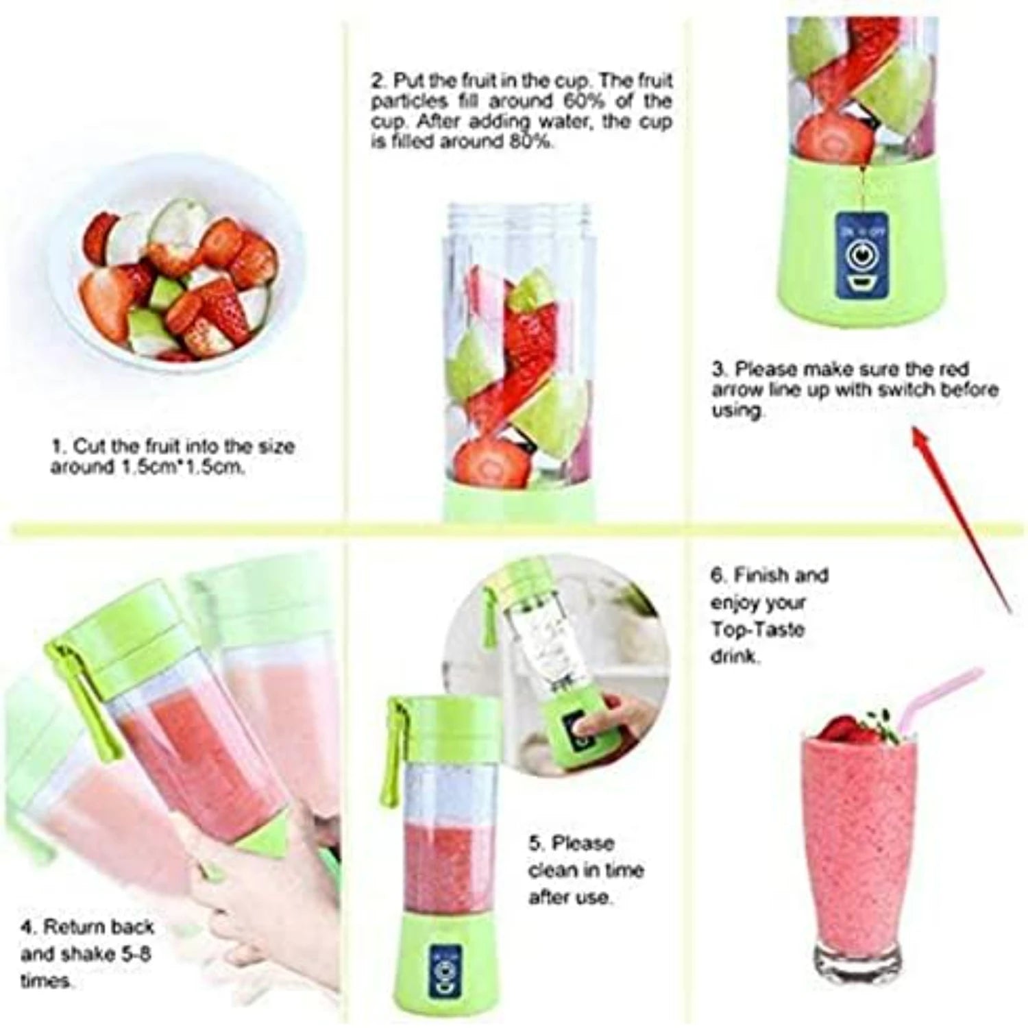 Green Portable USB Rechargeable Personal Blender for Fruit Juice, Sh