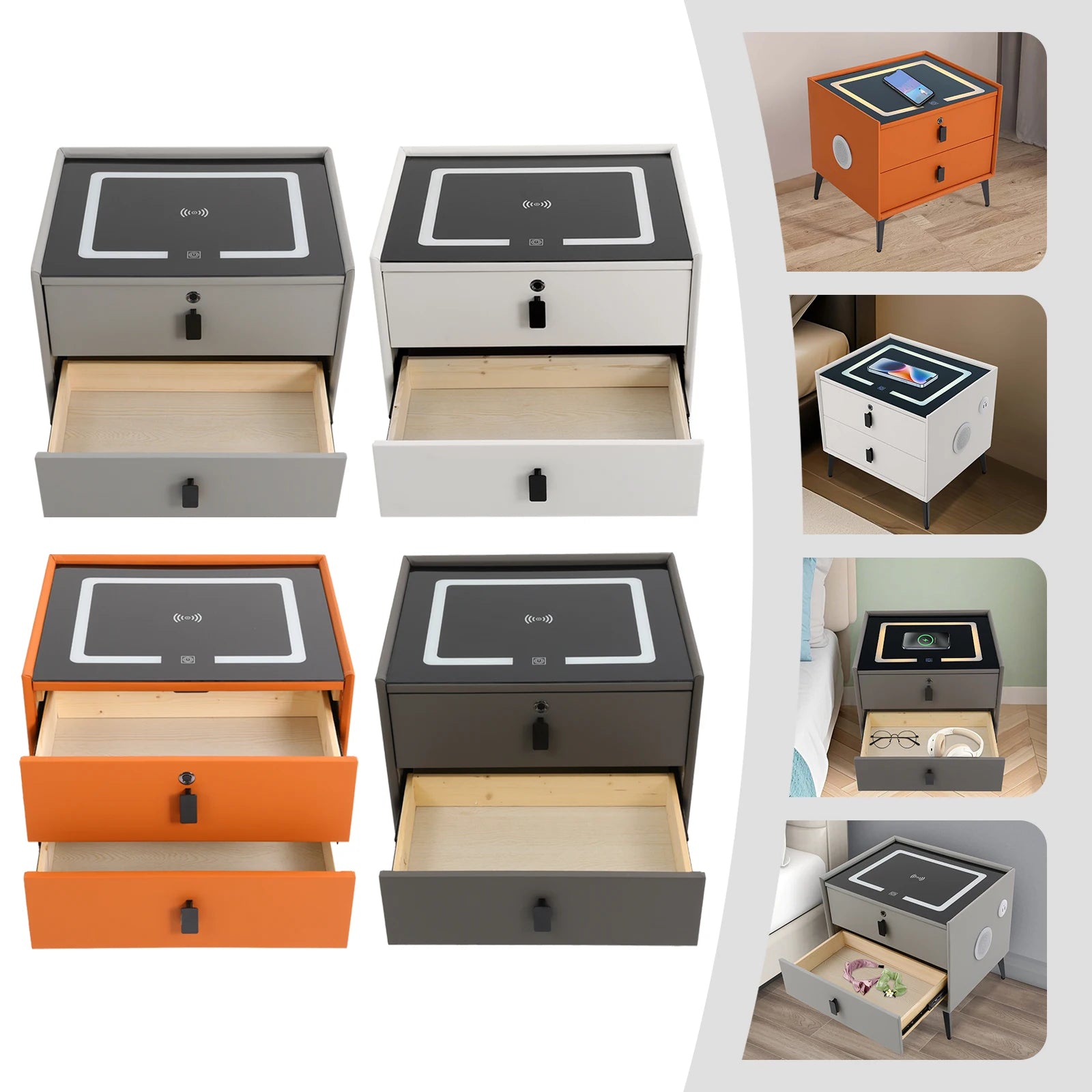 Modern Rectangular Bedside Table with Drawers Bluetooth Speaker Smar