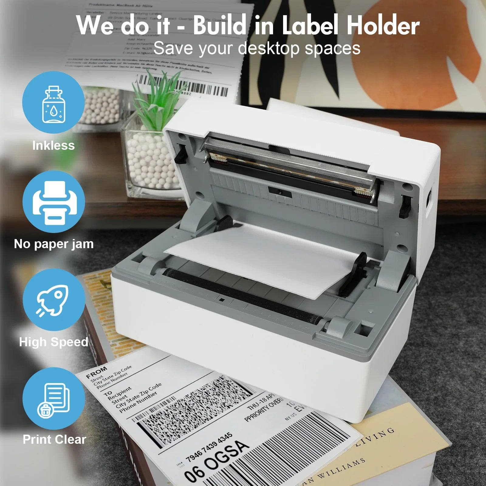 Thermal Label Printer Portable No Ink Required 300DPI 4x6 for Small