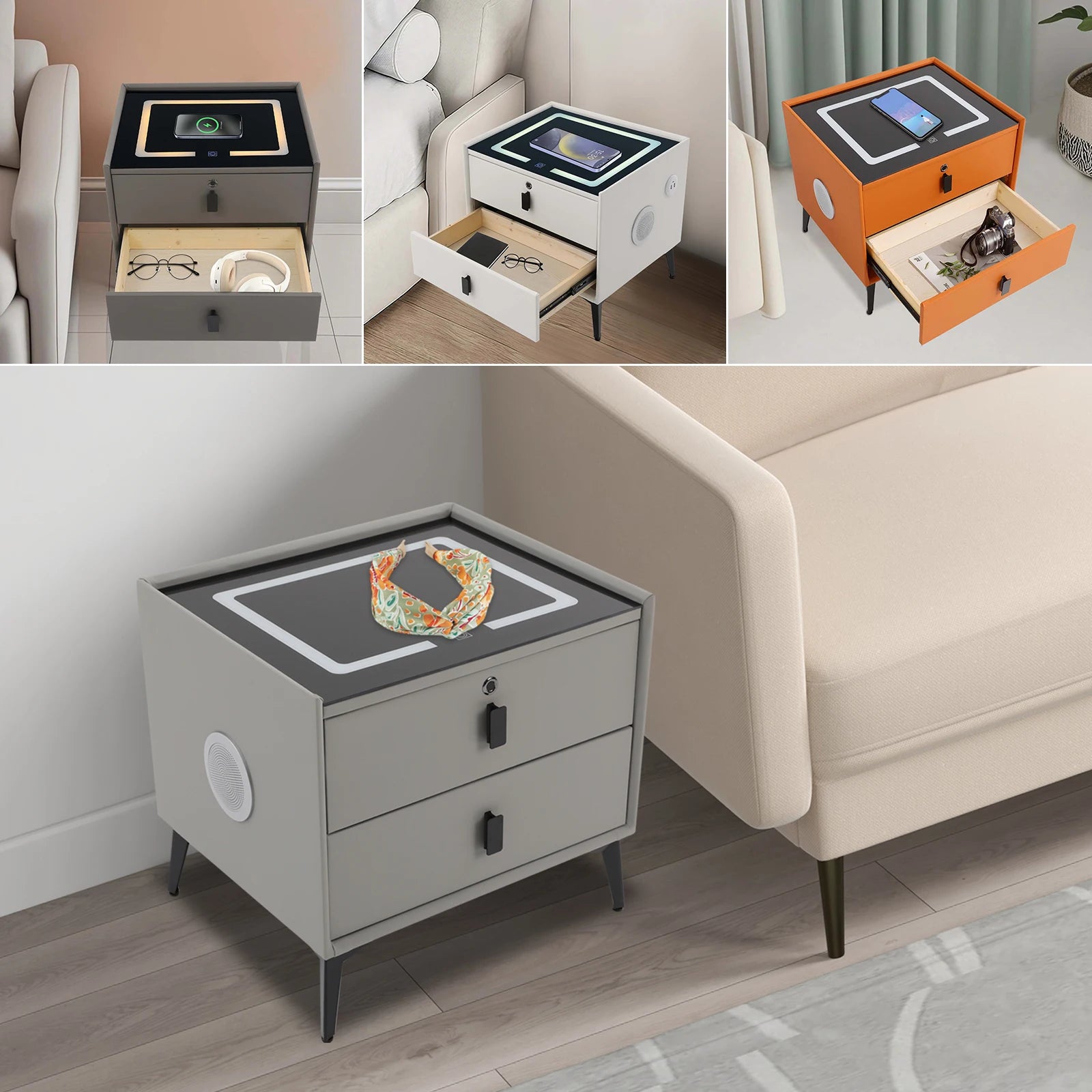 Modern Rectangular Bedside Table with Drawers Bluetooth Speaker Smar