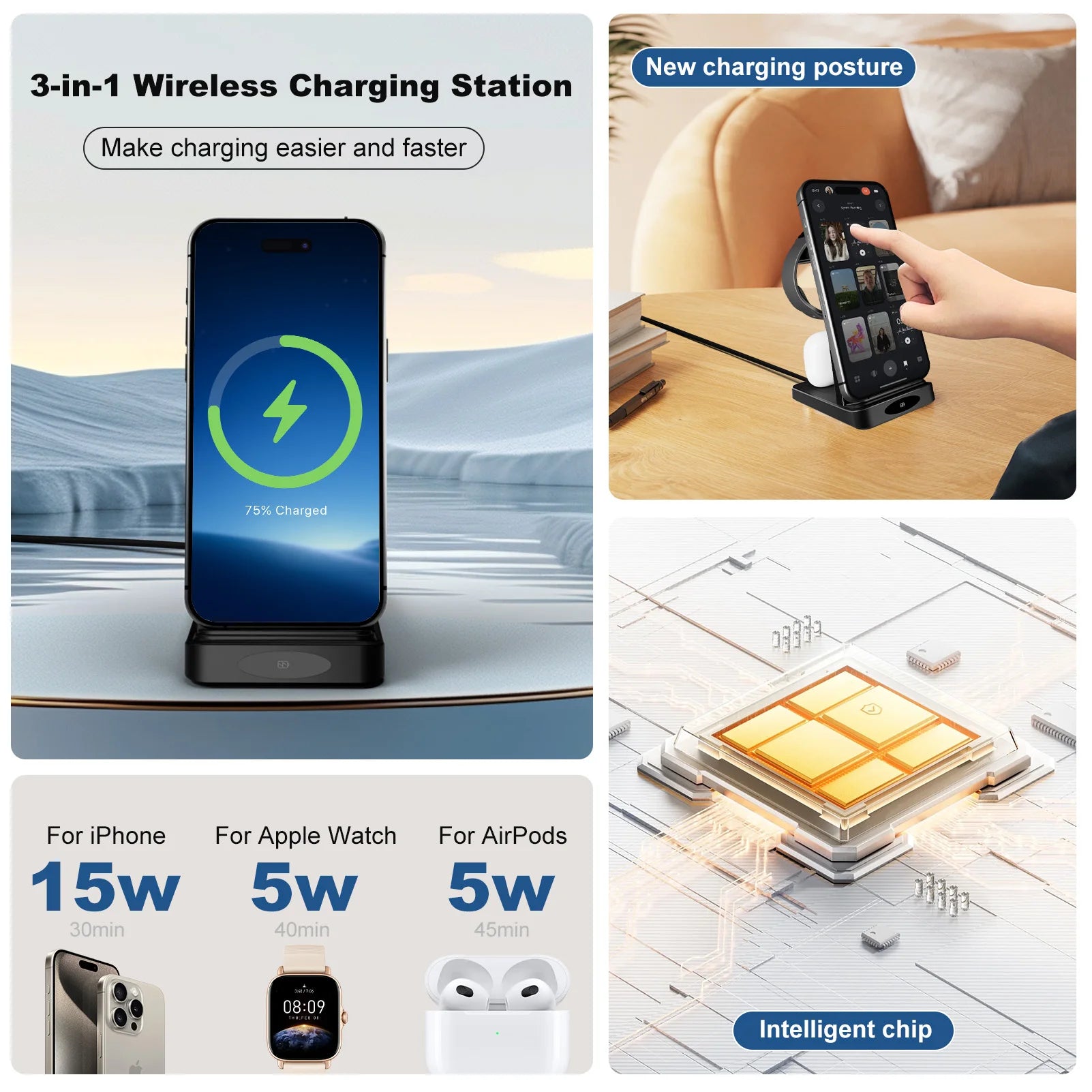 3 – in – 1 Wireless Charging Station 18W Travel Fast Charger Magneti