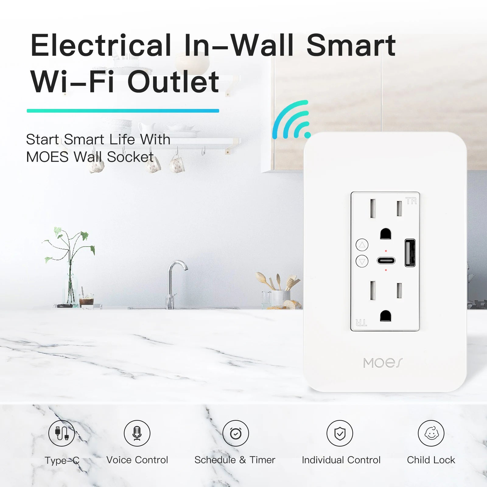 WiFi Smart Power Wall Socket with Type C and USB Dual Outlet Plug Po