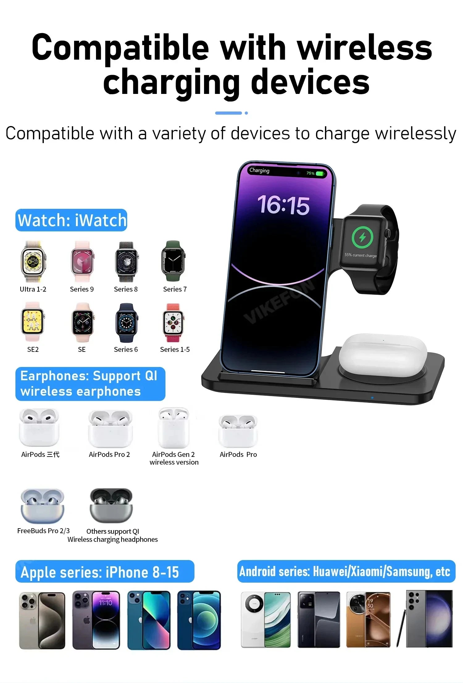 Foldable 3 in 1 Wireless Charger Pad Stand for IPhone 15 14 13 12 8