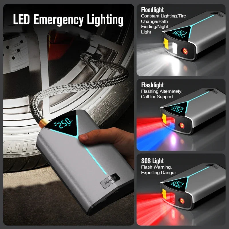BUVAYE Portable 4 in 1 Car Battery Jump Starter Air Pump Power Bank