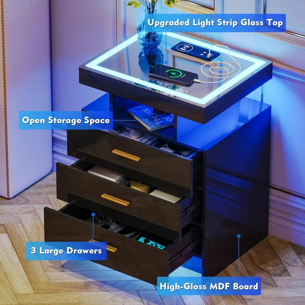 2 Set Nightstands with Wireless Charging Station, Auto Sensor 3 Colo