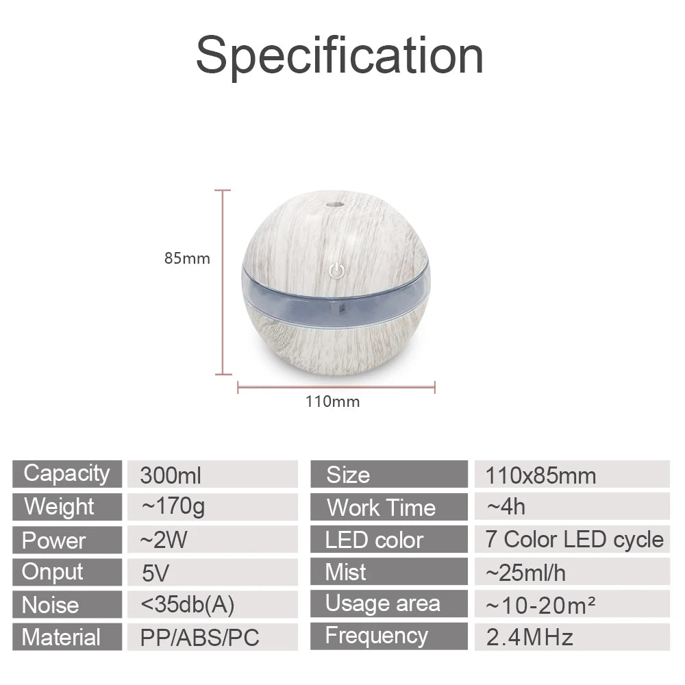 Space Saving 300ml USB Humidifier 7 LED Light Therapy Modes Pre Filt
