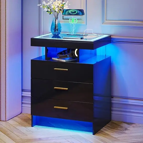 2 Set Nightstands with Wireless Charging Station, Auto Sensor 3 Colo