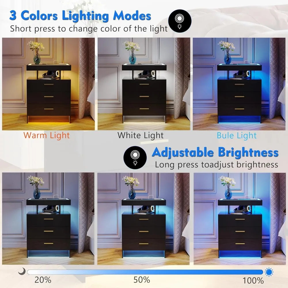 2 Set Nightstands with Wireless Charging Station, Auto Sensor 3 Colo