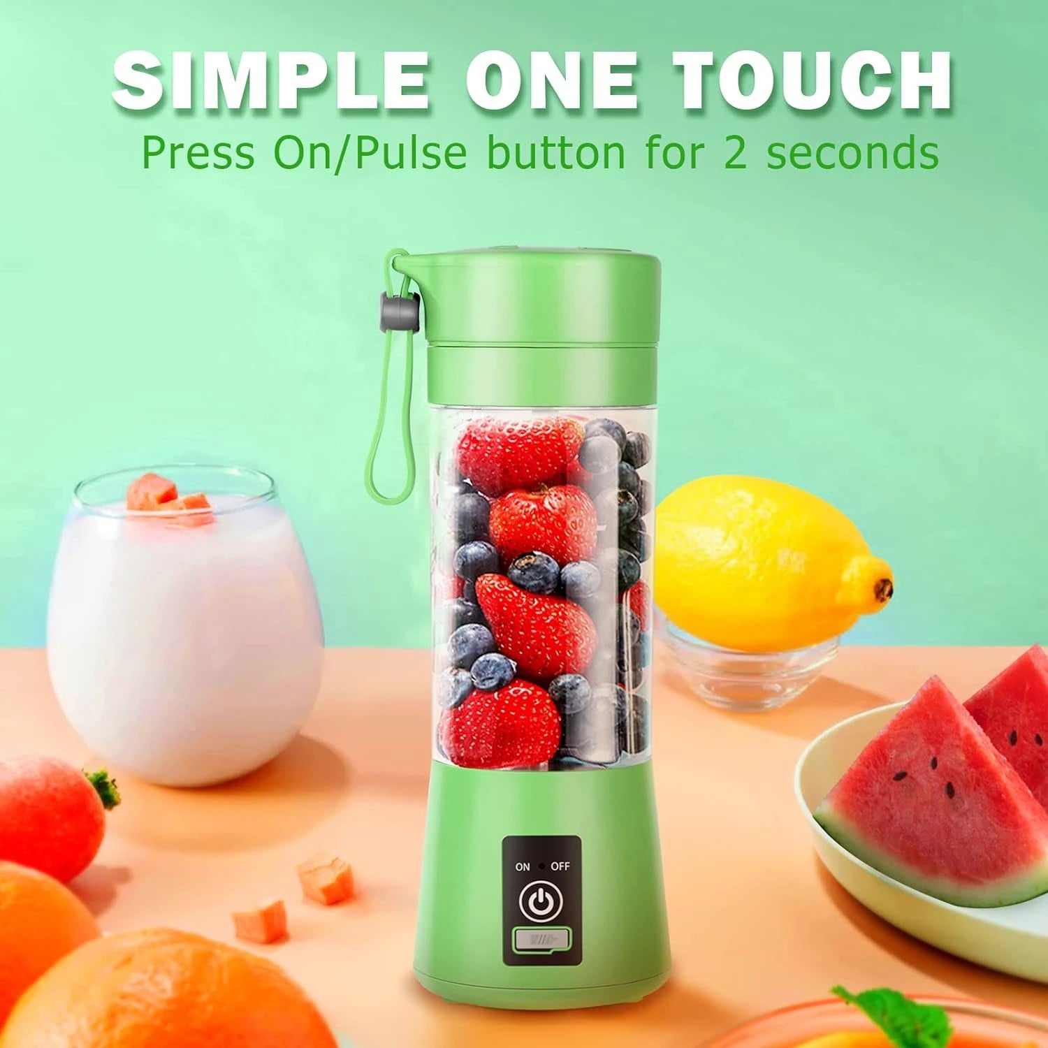 Green Mini Portable Blender with One – Touche Operation, USB Recharg