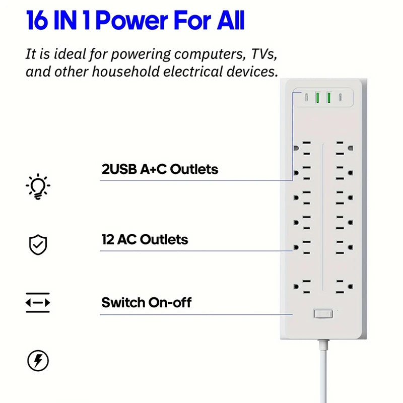 16 Ports Power Strip Plug AC Outlets Electrical Socket Extension Cor