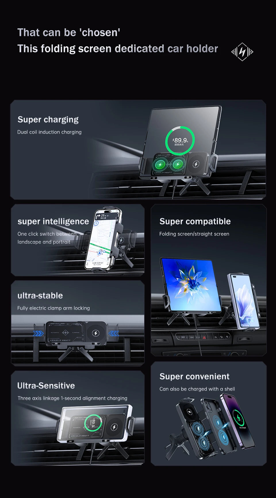 Car Wireless Charger Dual Coil Fold Screen Phone Fast Charging for S