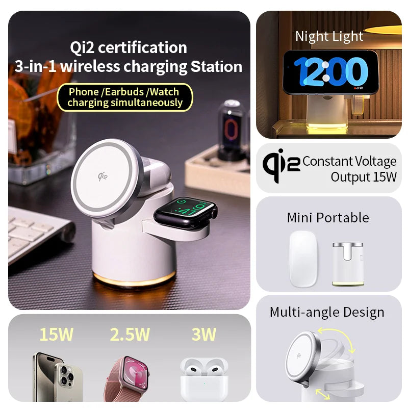 2025 New Qi2 Wireless Charger 3 – in – 1 Fast Charging Station Stand
