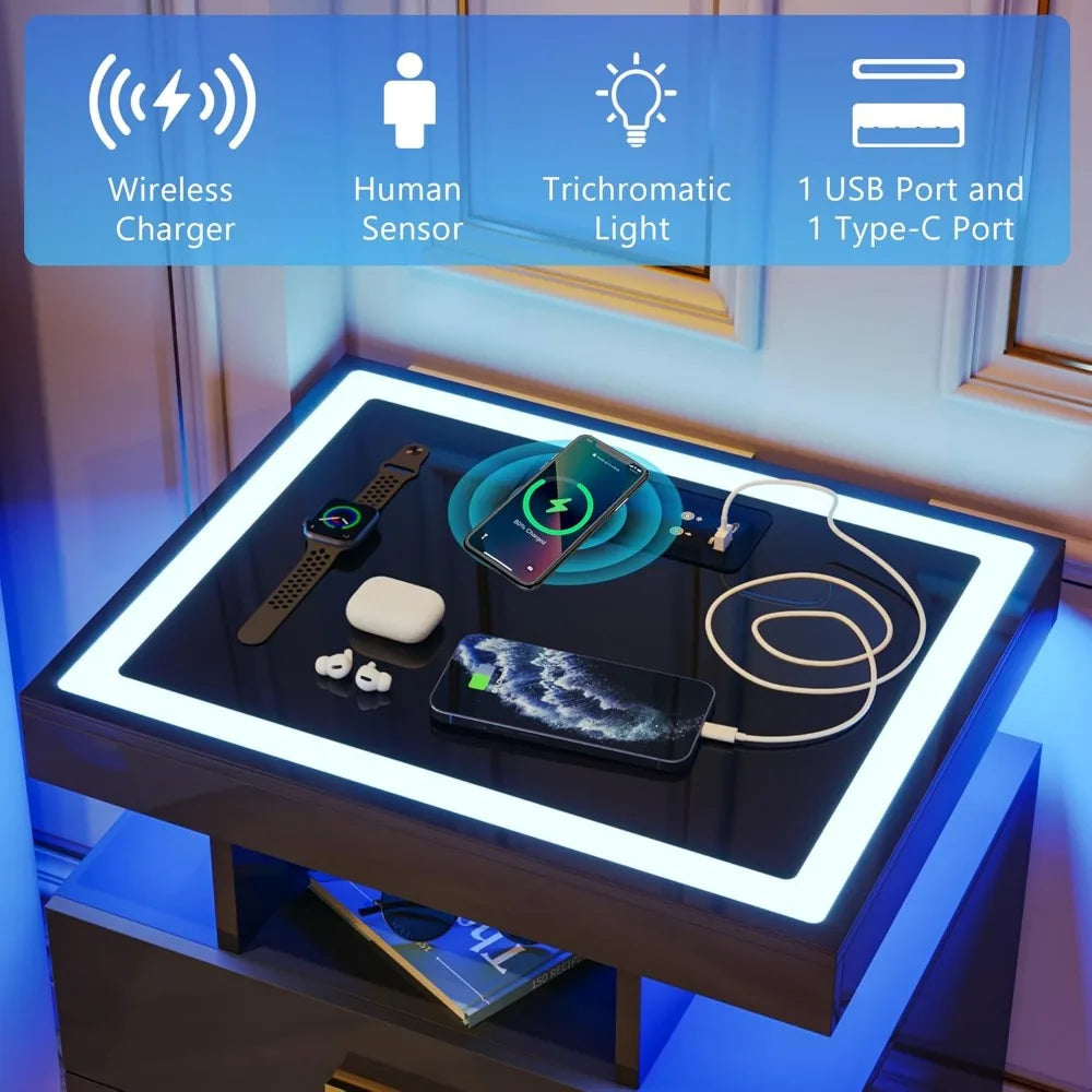 2 Set Nightstands with Wireless Charging Station, Auto Sensor 3 Colo