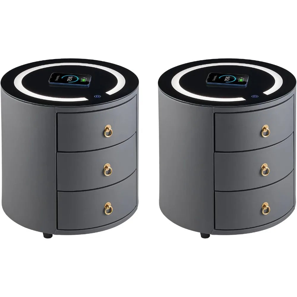 Set of 2 Modern Nightstand with 3 Drawers, Smart Nightstands with Wi