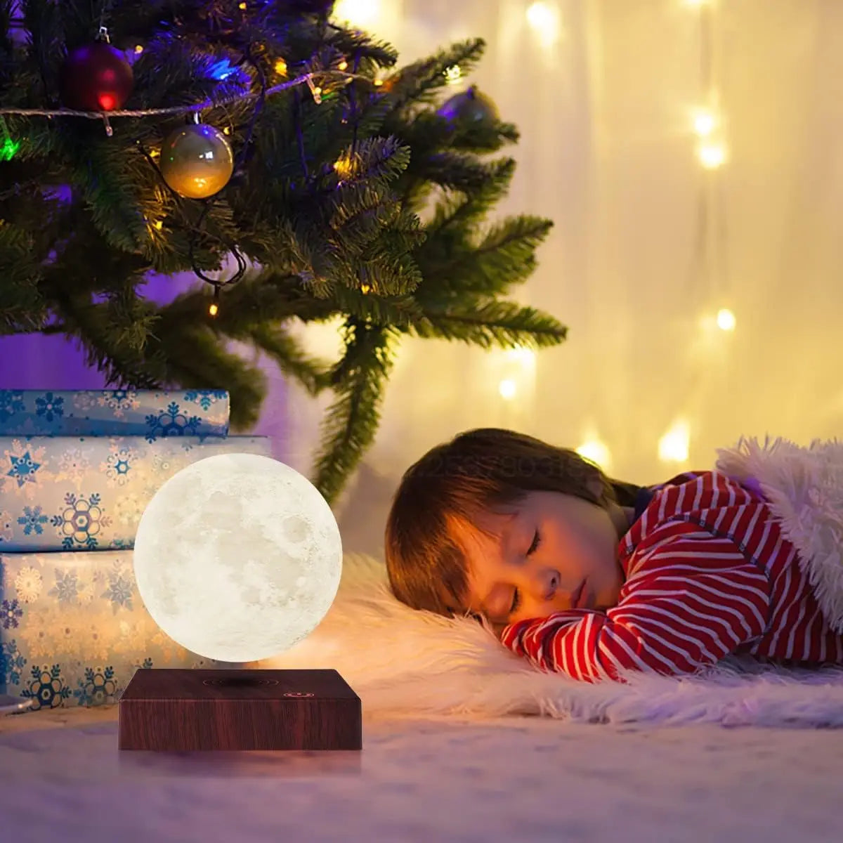 Magnetic Floating Rotating Moon Lamp with Wooden Base, 3 Color Tempe