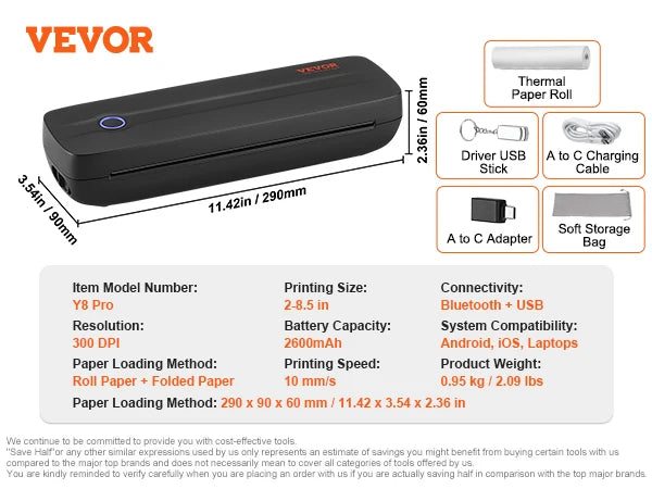 Portable Bluetooth Inkless Mobile Thermal Printer for A4 A5
