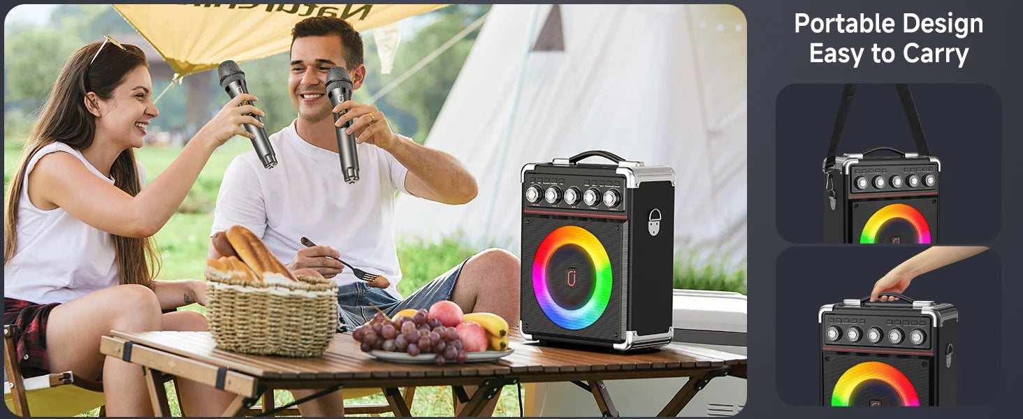 FanFun Karaoke Speaker, Bluetooth Speaker with 2 Microphones and LED