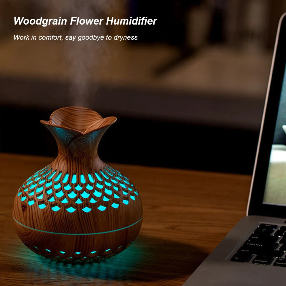 300ML Wood Grain Flower Humidifier Silent Aromatherapy Diffuser USB