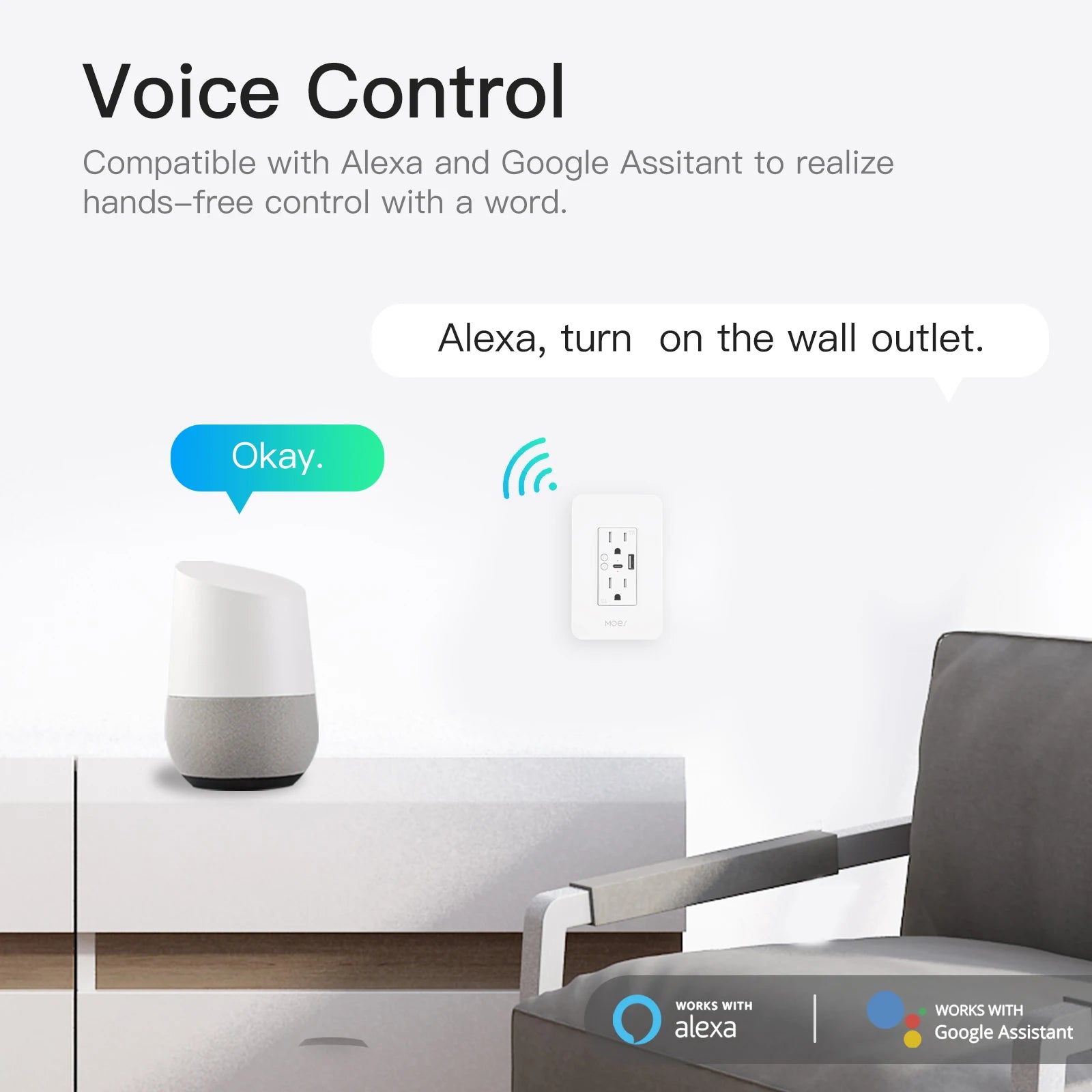 WiFi Smart Power Wall Socket with Type C and USB Dual Outlet Plug Po
