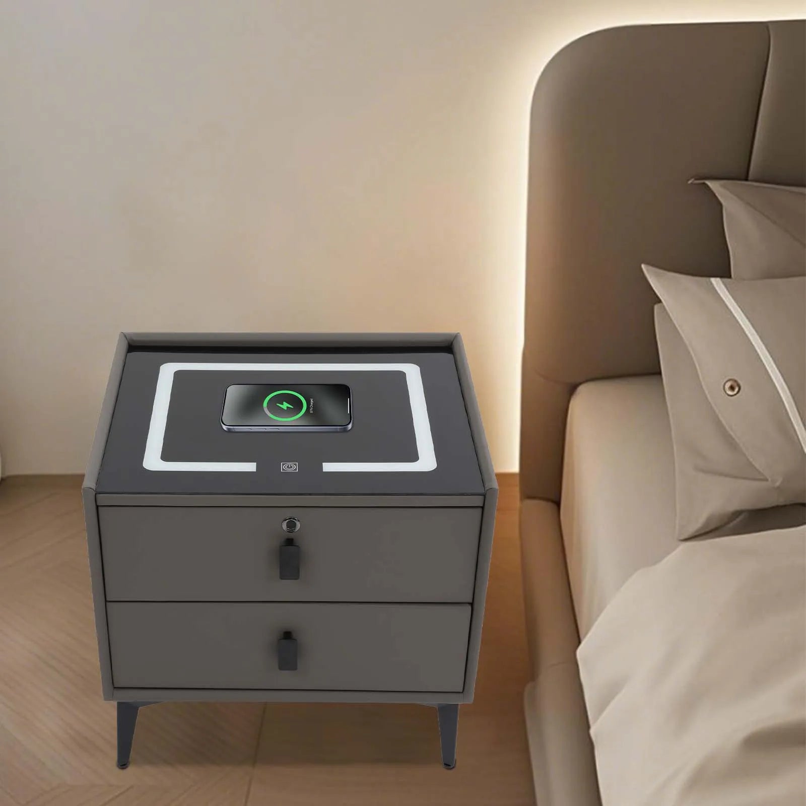 Modern Rectangular Bedside Table with Drawers Bluetooth Speaker Smar