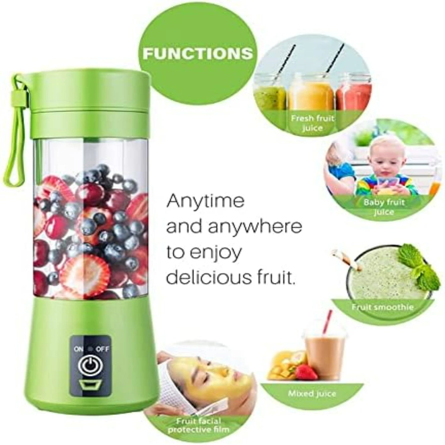 Green Portable USB Rechargeable Personal Blender for Fruit Juice, Sh