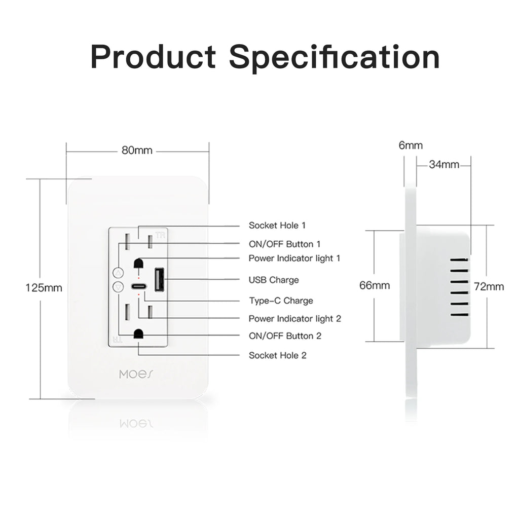 WiFi Smart Power Wall Socket with Type C and USB Dual Outlet Plug Po