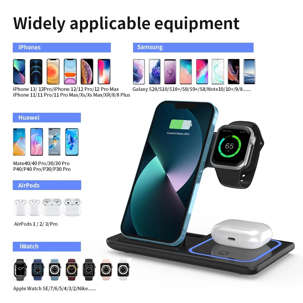 Foldable 3 in 1 Wireless Charger Pad Stand for IPhone 15 14 13 12 8