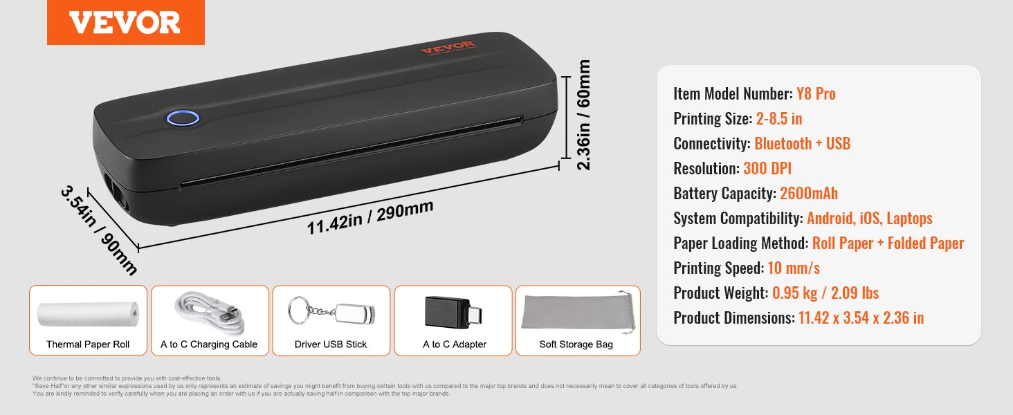 Portable Bluetooth Inkless Mobile Thermal Printer for A4 A5