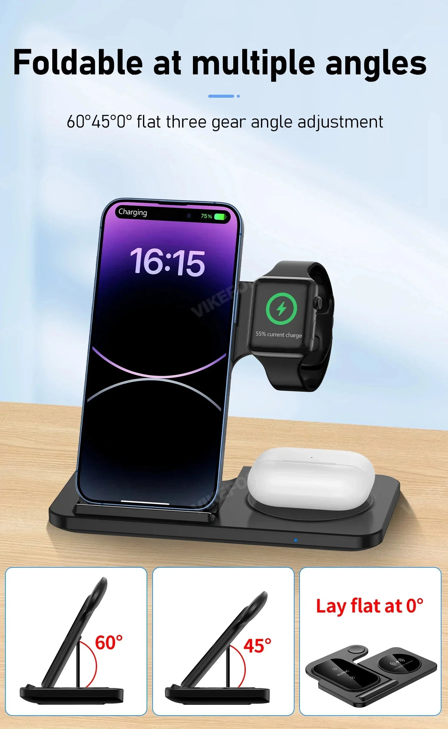 Foldable 3 in 1 Wireless Charger Pad Stand for IPhone 15 14 13 12 8