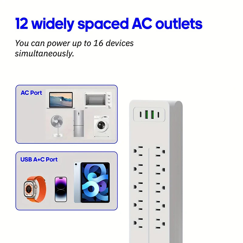 16 Ports Power Strip Plug AC Outlets Electrical Socket Extension Cor