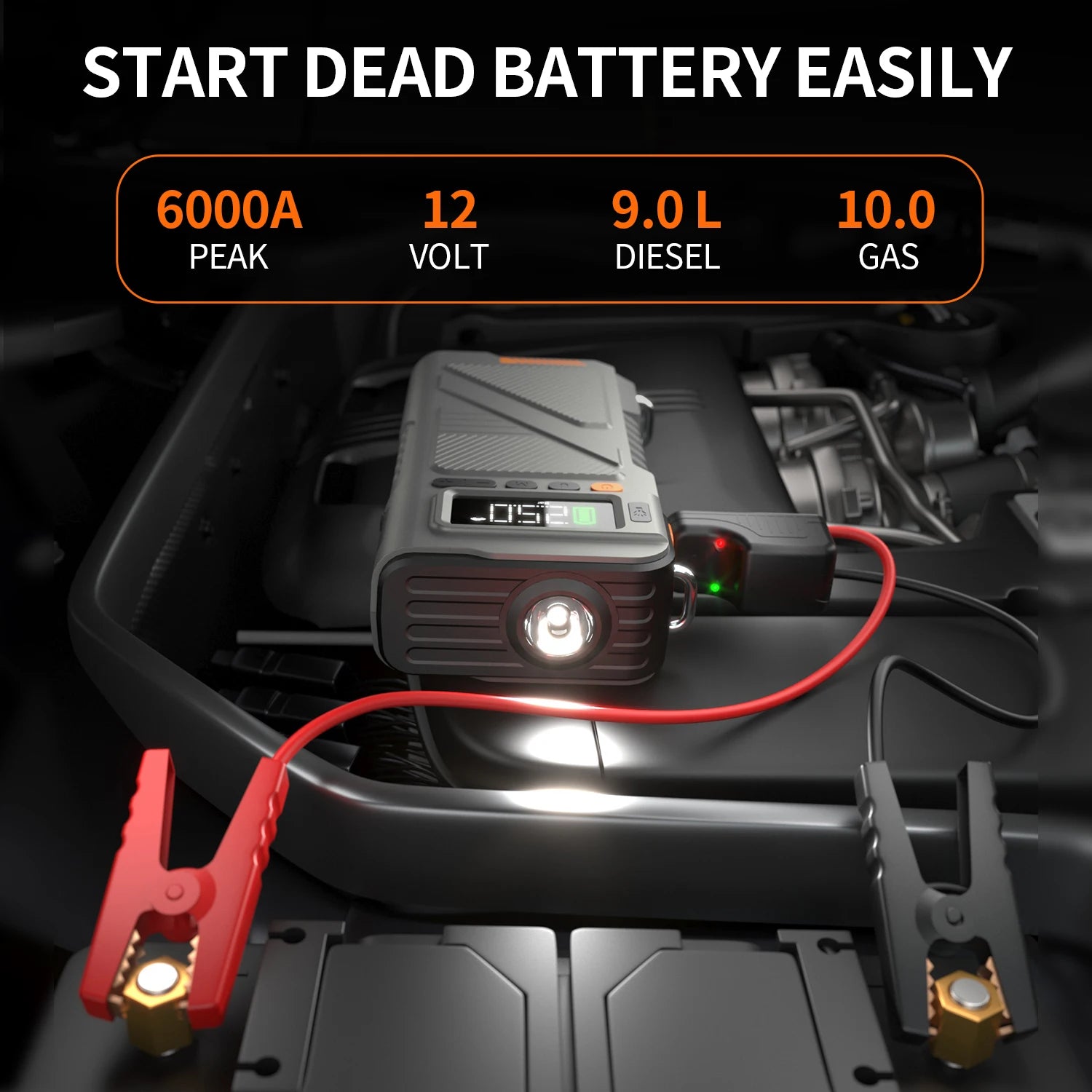 6000A Jump Starter with Air Compressor, 5 in 1 Function Jump Box 150